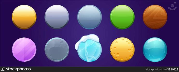Game ui app icons, round buttons, cartoon menu interface textured blocks. Gui graphic design elements ice crystal, wooden, stone, metal and cheese with pink gemstone user panel isolated 2d vector set. Game ui app icons, round buttons, cartoon menu