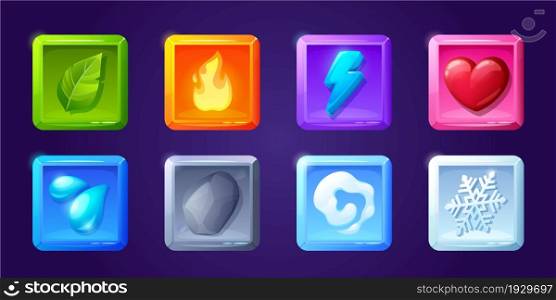 Game ui app icons, square buttons, cartoon menu interface 2d gui graphic design elements. Green leaf, fire, flash, heart, water drops, stone and air or smoke, snowflake user panel isolated vector set. Game ui app icons, square buttons, cartoon menu