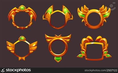 Game ui frames, gold medieval rpg game or app level borders, golden textured circles with ornate rims and green decor. Cartoon circular isolated graphic design gui elements, Vector illustration, set. Game ui frames, gold medieval rpg game or app