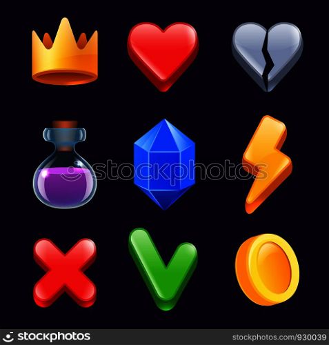 Game ui kit. Clever stars lock gold buttons colored items for web interface vector stylized icons. Illustration of star and diamond, web button for game. Game ui kit. Clever stars lock gold buttons colored items for web interface vector stylized icons