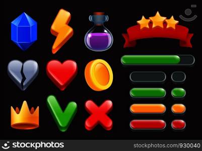 Game ui kit icons. Stars colored ribbons menus and status bars for online web or smartphone games interfaces vector 2d symbols. Gui for app play, ui progress star illustration. Game ui kit icons. Stars colored ribbons menus and status bars for online web or smartphone games interfaces vector 2d symbols