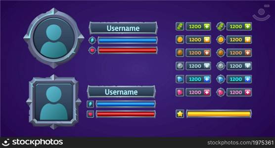 Game ui profile, user menu interface 2d graphic design with frame for avatar, username plaques, life or power scales, and assets score. Rpg for pc or mobile screen, Cartoon vector illustration. Game ui profile, user menu interface 2d design
