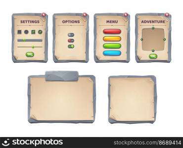 Game ui scrolls, stone boards and antique parchments cartoon menu interface, rocky textured planks, gui graphic design elements. User panel with settings, options or adventure isolated 2d vector set. Game ui scrolls, stone boards, antique parchments