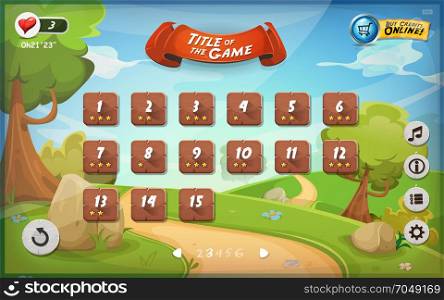 Game User Interface Design For Tablet. Illustration of a funny graphic game user interface background, in cartoon style with spring nature landscape, basic buttons and functions, status bar for wide screen tablet