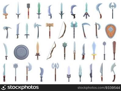 Game weapon icons set cartoon vector. Shield warrior. Chest weapon. Game weapon icons set cartoon vector. Shield warrior