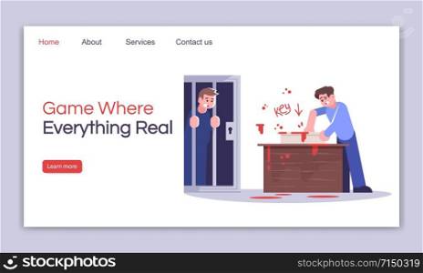 Game where everything real landing page vector template. Escape room website interface idea with flat illustrations. Survival game homepage layout. Quest room web banner, webpage cartoon concept