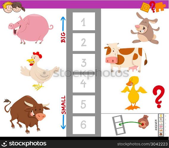 game with large and small animal characters. Cartoon Illustration of Educational Game of Finding the Largest and the Smallest Farm Animal with Cute Characters for Children