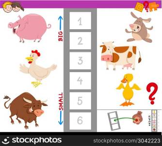 game with large and small animal characters. Cartoon Illustration of Educational Game of Finding the Largest and the Smallest Farm Animal with Cute Characters for Children