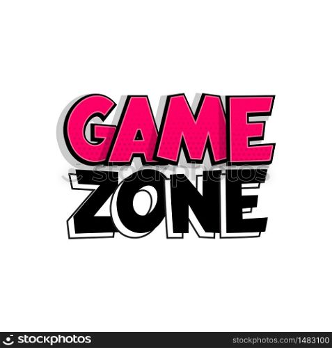 Game zone comic book text badge on white background. Colored funny cartoon halftone text for child room and playful zone. Kids party logo comics font. Isolated white vector.. Kids zone comic text badge on splash sticker.