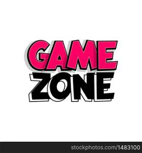 Game zone comic book text badge on white background. Colored funny cartoon halftone text for child room and playful zone. Kids party logo comics font. Isolated white vector.. Kids zone comic text badge on splash sticker.