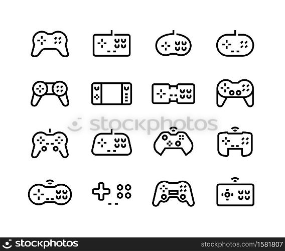 Gamepad icons. Video game joystick controller. Retro pictogram for arcade logo. Black lines device for play station and computer on white background. Vector console and PC gaming buttons set. Gamepad icons. Video game joystick. Retro pictogram for arcade logo. Black lines controller for play station and computer on white background. Vector console and PC gaming buttons set