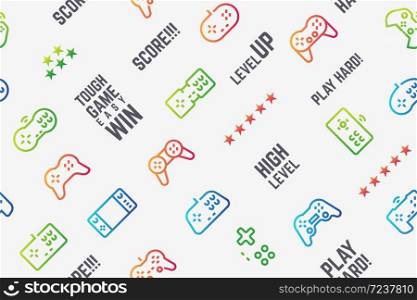 Gamepad pattern. Seamless texture with console videogame controllers and game slogans. Vector design illustration video gaming and modern entertainment pattern. Gamepad pattern. Seamless texture with console videogame controllers and game slogans. Vector video gaming and entertainment pattern