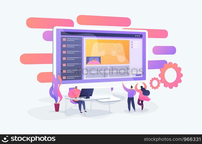 Gamer at computer streaming and commentating game process, tiny people. Video game walkthrough, popular video content, gaming video stream concept. Vector isolated concept creative illustration.. Video game walkthrough concept vector illustration.