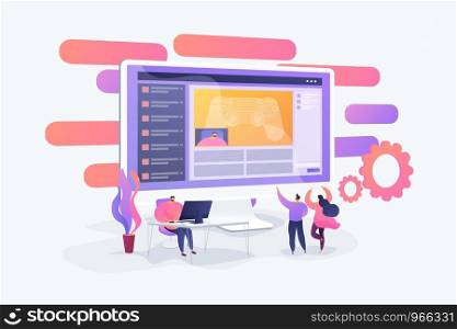 Gamer at computer streaming and commentating game process, tiny people. Video game walkthrough, popular video content, gaming video stream concept. Vector isolated concept creative illustration.. Video game walkthrough concept vector illustration.