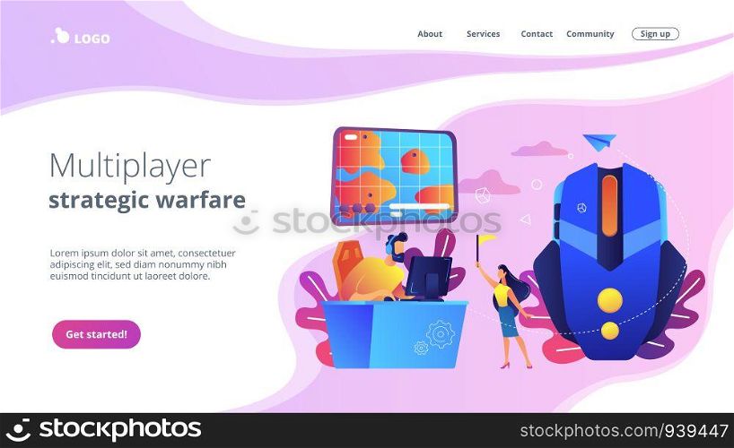 Gamer at computer using tactics to play online strategy game. Strategy online games, real-time strategy, multiplayer strategic warfare concept. Website vibrant violet landing web page template.. Strategy online games concept landing page.