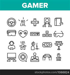 Gamer Device Collection Elements Icons Set Vector Thin Line. Gamer Silhouette With Earphones, Joystick And Video Game Equipment Concept Linear Pictograms. Monochrome Contour Illustrations. Gamer Device Collection Elements Icons Set Vector