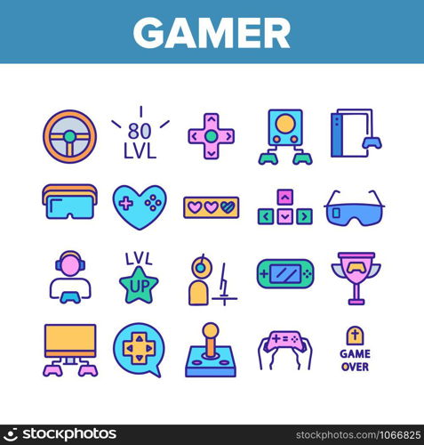 Gamer Device Collection Elements Icons Set Vector Thin Line. Gamer Silhouette With Earphones, Joystick And Video Game Equipment Concept Linear Pictograms. Color Contour Illustrations. Gamer Device Collection Elements Icons Set Vector