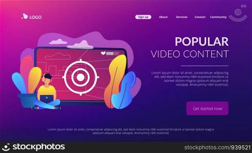 Gamer in headset with laptop recording video game walkthrough. Video game walkthrough, popular video content, gaming video stream concept. Website vibrant violet landing web page template.. Video game walkthrough concept landing page.