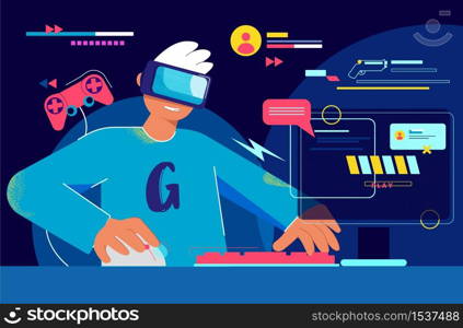 Gamer on pc leads online stream illustration. Esportsman wearing virtual reality glasses broadcasts from his account passage of new game digital tournament of vector entertainment.. Gamer on pc leads online stream illustration. Esportsman wearing virtual reality glasses.