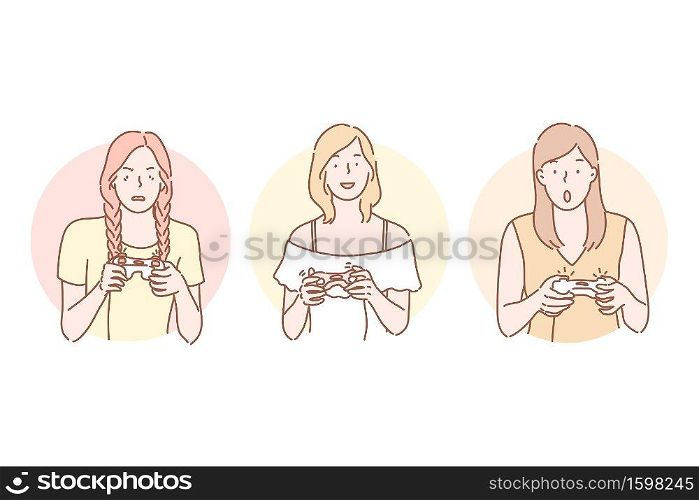 Gamer, playing, addiction set concept. Happy cheerful woman plays video games at console. Surprised girl is addicted to gaming. Angry irritated player can not complete game level. Simple flat vector. Gamer, playing, addiction set concept
