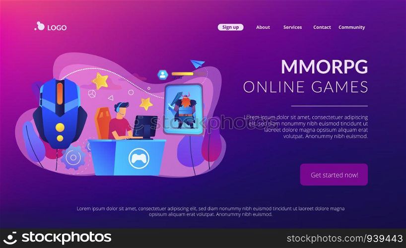Gamer plays role-playing game online and hero avatar in fantasy world. MMORPG, massive multiplayer game, role-playing online games concept. Website vibrant violet landing web page template.. MMORPG concept landing page.