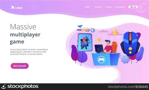 Gamer plays role-playing game online and hero avatar in fantasy world. MMORPG, massive multiplayer game, role-playing online games concept. Website vibrant violet landing web page template.. MMORPG concept landing page.