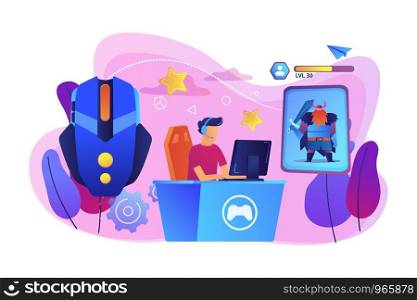 Gamer plays role-playing game online and hero avatar in fantasy world. MMORPG, massive multiplayer game, role-playing online games concept. Bright vibrant violet vector isolated illustration. MMORPG concept vector illustration.