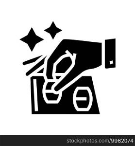 gamer putting lotto barrels on card numbers glyph icon vector. gamer putting lotto barrels on card numbers sign. isolated contour symbol black illustration. gamer putting lotto barrels on card numbers glyph icon vector illustration
