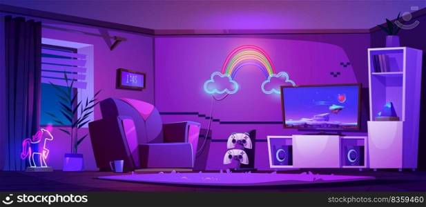 Gamer room with tv screen, play station, joysticks, chair and neon rainbow lamp on wall. Esport player home interior with game console and monitor at night, vector cartoon illustration. Gamer room with tv screen, play station, joysticks