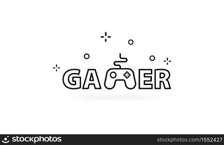 Gamer text with black controller. Icon line. Vector on isolated white background. EPS 10.. Gamer text with black controller. Icon line. Vector on isolated white background. EPS 10