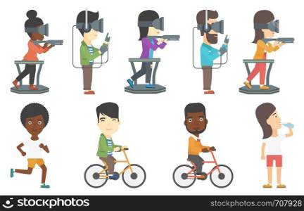 Gamer wearing virtual reality headset. Young gamer playing virtual video game while standing on a treadmill with a gun in hands. Set of vector flat design illustrations isolated on white background.. Vector set of sportsmen and people in vr headset.