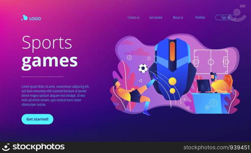 Gamer with headset at computer taking part in online footbal tournament. Sports games, online footbal tournament, e-game championship concept. Website vibrant violet landing web page template.. Sports games concept landing page.