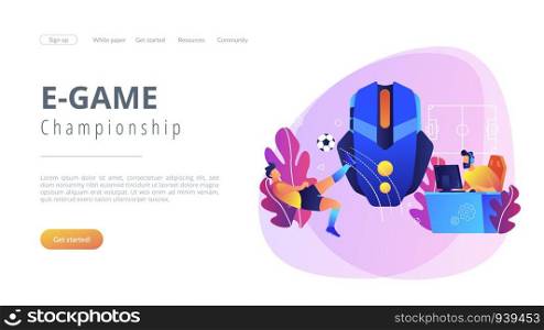 Gamer with headset at computer taking part in online footbal tournament. Sports games, online footbal tournament, e-game championship concept. Website vibrant violet landing web page template.. Sports games concept landing page.