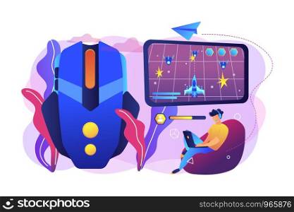 Gamer with laptop overcomes challenges in space video game and gaming mouse. Action games, first-person shooter, action games championship concept. Bright vibrant violet vector isolated illustration. Action game concept vector illustration.