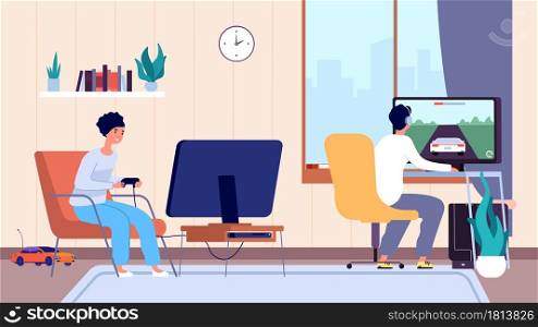 Gamers at room. Couple play video games, digital entertainment addiction. Stay home, man woman spend time fun vector illustration. Woman and man gamer game with joystick. Gamers at room. Couple play video games, digital entertainment addiction. Stay home, man woman spend time fun vector illustration