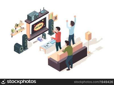 Gamers isometric. Game developer testing playing on console nerd persons in action pose sitting on sofa watching on monitors screen vector. Isometric play controller, gaming entertainment illustration. Gamers isometric. Game developer testing playing on console nerd persons in action pose sitting on sofa watching on monitors screen garish vector