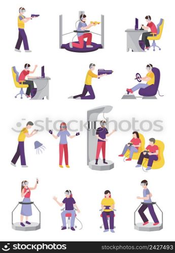 Gamers people flat set of isolated teenage human characters with leisure-time entertainment facilities and gaming accessories vector illustration. Game Addict Characters Collection