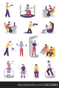 Gamers people flat set of isolated teenage human characters with leisure-time entertainment facilities and gaming accessories vector illustration. Game Addict Characters Collection