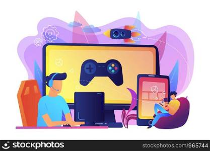 Gamers play video game on different hardware platforms. Cross-platform play, cross-play and cross-platform gaming concept on white background. Bright vibrant violet vector isolated illustration. Cross-platform play concept vector illustration.