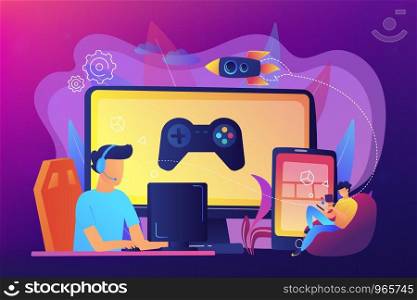 Gamers play video game on different hardware platforms. Cross-platform play, cross-play and cross-platform gaming concept on ultraviolet background. Bright vibrant violet vector isolated illustration. Cross-platform play concept vector illustration.