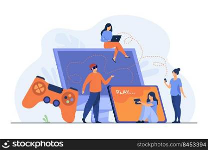 Gamers using different devices and playing on mobile phone, tablet, laptop, console. People enjoying VR 3G games. Vector illustration for cross play, game hardware concepts