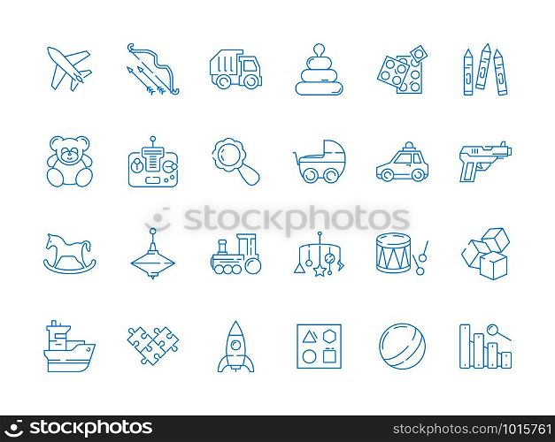 Games for kids icon. Soft play toys bear horse soldiers plastic cars vector thin line symbols. Illustration of play and horse toy, teddy and pyramid. Games for kids icon. Soft play toys bear horse soldiers plastic cars vector thin line symbols