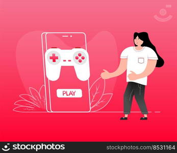 Games people in flat style. Cartoon video game. Vector illustration. Hand holding mobile phone.. Games people in flat style. Cartoon video game. Vector illustration. Hand holding mobile phone