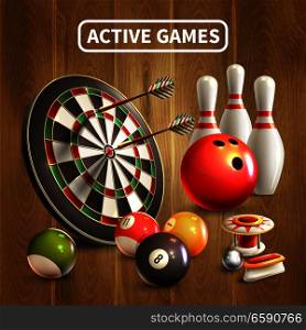 Games realistic concept with active games headlines and bowling darts billiards games attributes vector illustration. Games Realistic Concept