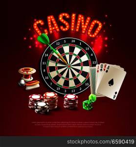 Games realistic poster with big bright and red headline on dark stylish background with card dart dice and roulette vector illustration. Games Realistic Poster