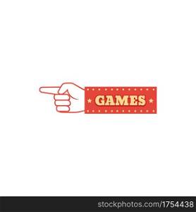 Games room indicating pointer isolated signpost arrow with hand and pointing finger. Vector casino or kids show festival entertainment direction, illuminated board with light bulbs. Ui button. Signboard with games direction pointer isolated