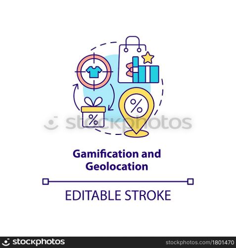 Gamification and geolocation concept icon. Loyalty program trend abstract idea thin line illustration. Geolocation notification. Vector isolated outline color drawing. Editable stroke. Gamification and geolocation concept icon