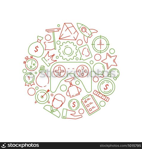Gamification background. Gamification business concept achievement rules for work competitive challenge vector symbols in circle shape. Illustration prize gaming and competition gamification challenge. Gamification background. Gamification business concept achievement rules for work competitive challenge vector symbols in circle shape