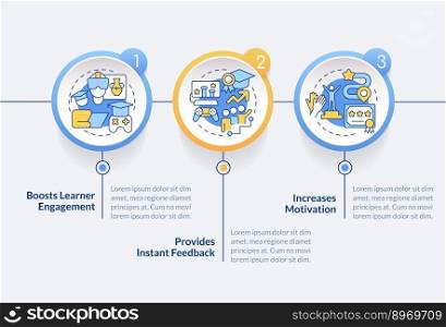 Gamification benefits in e learning circle infographic template. Data visualization with 3 steps. Editable timeline info chart. Workflow layout with line icons. Lato-Bold, Regular fonts used. Gamification benefits in e learning circle infographic template