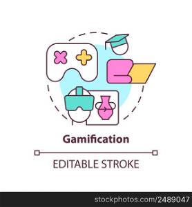 Gamification concept icon. Virtual reality for learning. Education trend abstract idea thin line illustration. Isolated outline drawing. Editable stroke. Arial, Myriad Pro-Bold fonts use. Gamification concept icon